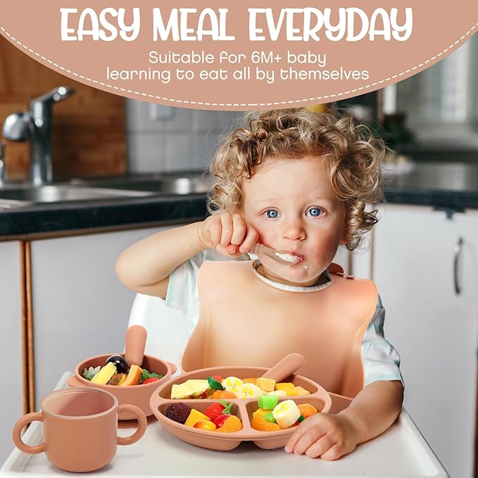 24 Pack Silicone Baby Feeding Set Baby LED Weaning Supplies Includes Suction Divided Plates Soft Bowl Spoons Forks Adjustable Bib Snack Cup and Straws(Dark Green, Dark Blue, Walnut Color)