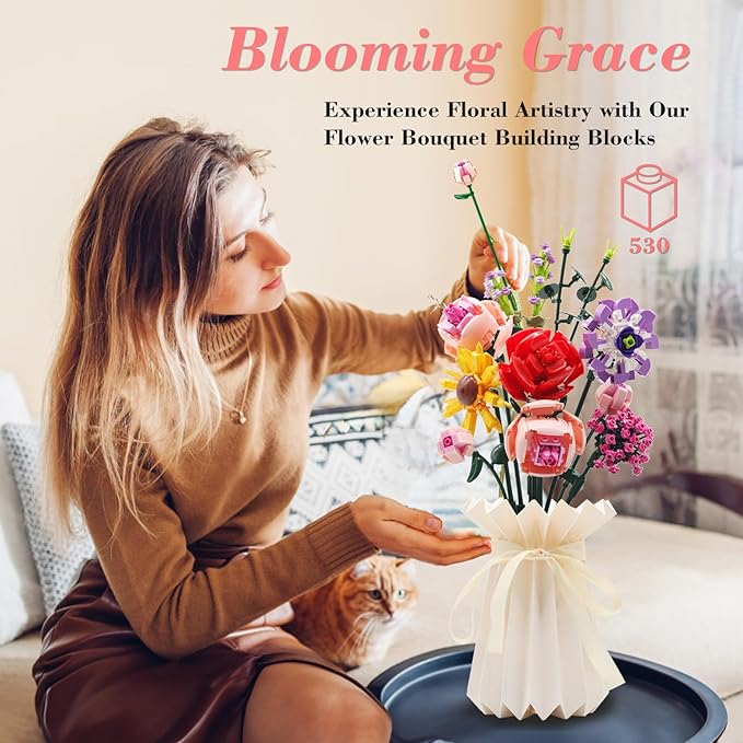 Compatible with Lego Flowers Bouquet, Flower Building Toy Set, Building Block Sets for Adults and 6+ Ages Kids, 530pcs Botanical Collection & Table Art, Gifts for Birthday and Christmas(White Vase)