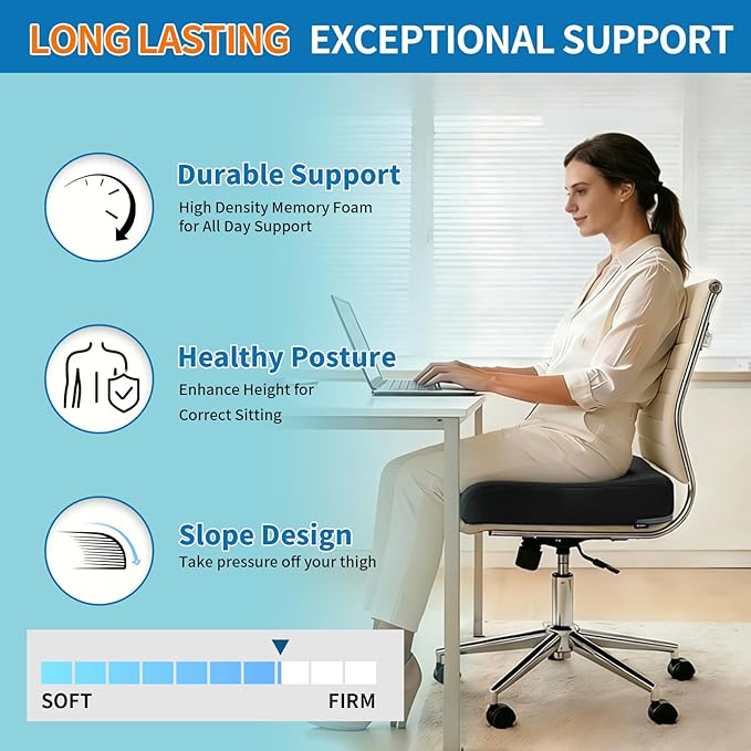 YOUFI Extra Thick Large Seat Cushion with Extra Cover, Gel Memory Foam Cushion with Carry Handle Non Slip Bottom, Pain Relief Coccyx Cushion for Office Chair, 19''x17.5''x4'' (Black Cover)