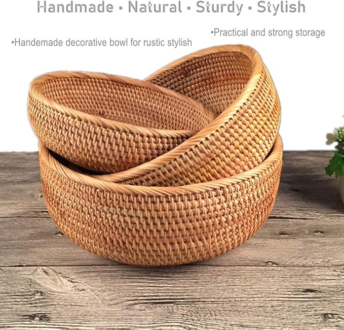 amololo 3 Pack Hadewoven Round Rattan Fruit Basket Wicker Food Tray Weaving Storage Holder Dinning Room Bowl, 10 Inch Small Wicker Basket Serving Tray Woven Basket for Bread,Snack,Brown(3-Size Kit)