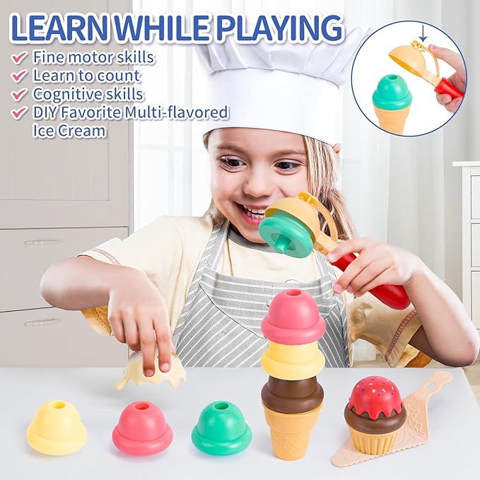 Ice Cream Toy Play Set for Kids, 41Pcs Toddler Ice Cream Shop Cart Truck, Birthday Christmas Easter Toys Gift for 3 4 5 6 Year Old Girl Boy, Pretend Play Grocery Store Kitchen Food Accessories