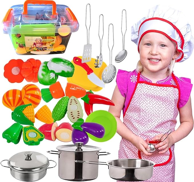 FUNERICA Toddler Kitchen Accessories Playset with Cutting Food Vegetables and Stainless-Steel Play Pots - Pretend Kids Cooking Utensils - Apron & Chef Hat - Toy Knife & Cutting Board for Girls & Boys