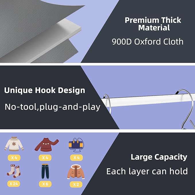 Twira 6-Shelf Hanging Closet Organizer, 2 Separable 3-Shelf Hanging Shelves, Hanging Storage with 3 Removanle Drawers 4 Side Pockets for Wardrobe, Nursery, Drom, Baby Clothes Organization Dark Grey