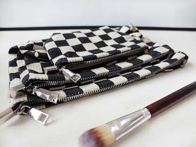 HAPPYHEIDI Checker Corduroy Makeup Bag Women Cosmetic Toiletry Travel Pouch Office Desk Organizer, Vintage Black White Block
