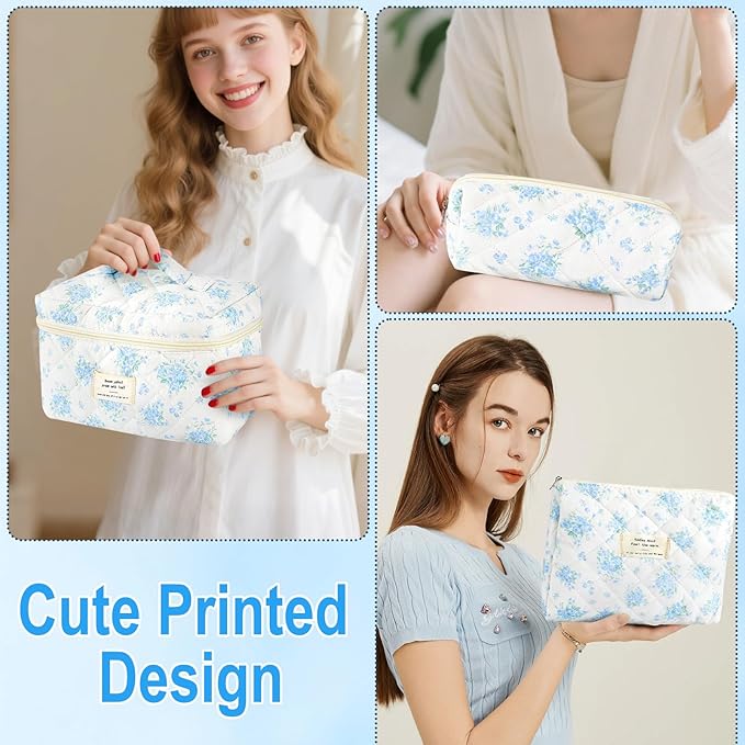 URSKYTOUS 3Pcs Cotton Quilted Makeup Bag for Women Girls Large Small Travel Floral Cosmetic Bags Set Cute Coquette Zipper Makeup Pouch for Purse Aesthetic Cloth Flower Storage Toiletry Bag Organizer