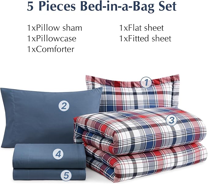 MaiRêve Twin XL Size Plaid Comforter Set Navy Red, Classic 5 Pieces Farmhouse Bedding Set, All Season Lightweight Bed in A Bag with Sheets, Pillowcase & Sham