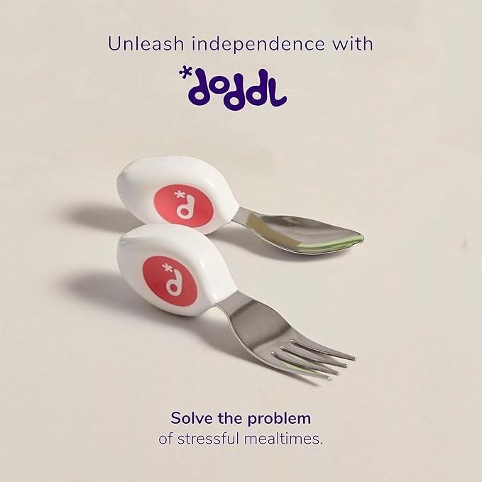 doddl Toddler Utensils, Ergonomic Fork and Spoon Set for Self Feeding, Stainless Steel Silverware for 1-3 Year Olds, BPA Free, Dishwasher Safe (Magenta)