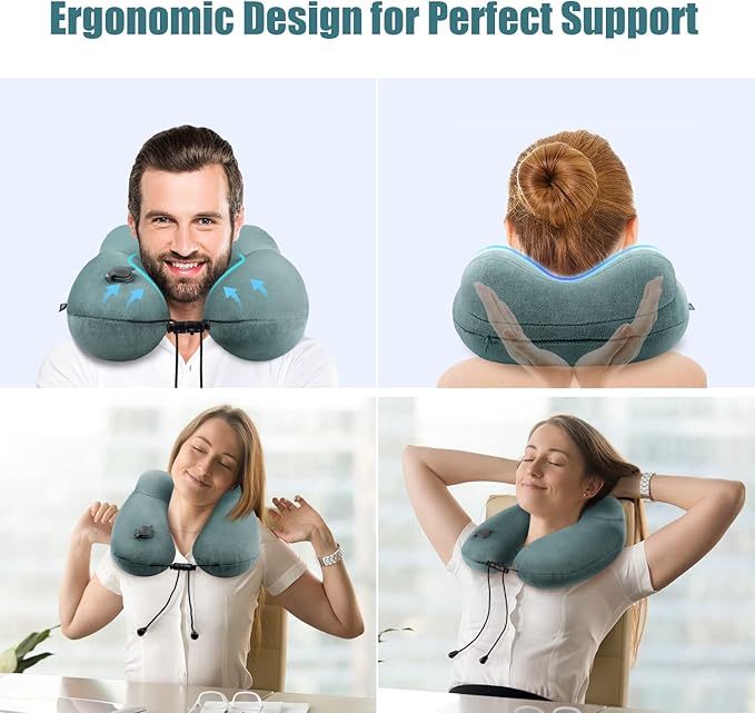urophylla Compact Travel Neck Pillow for Airplanes, Super Soft Velvet Neck Support, Adjustable Firmness, Inflatable Plane Pillow for Long Flights, Road Trips, Travel Essentials with Eye Mask, Earplug