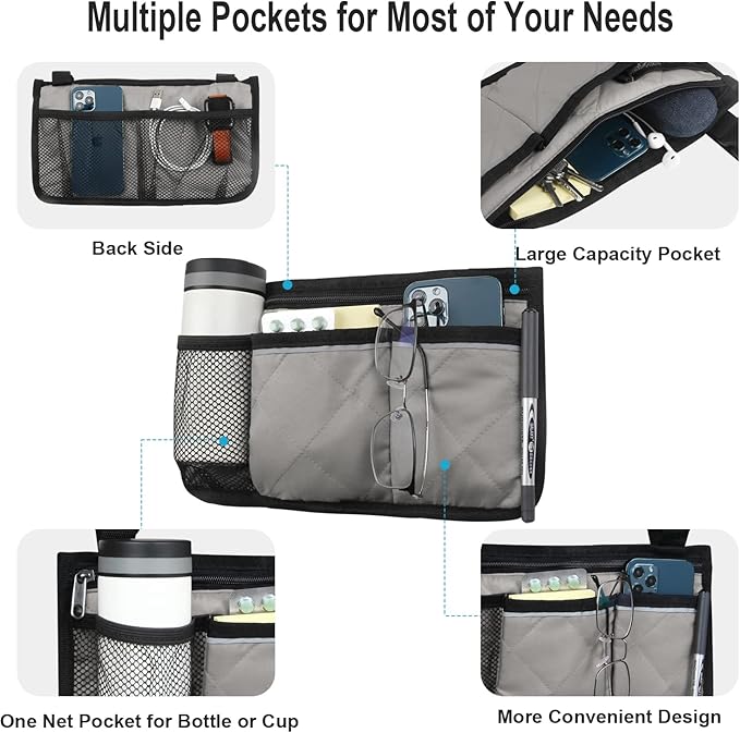 Wheelchair Side Bag, Armrest Storage Pouch with Cup Holder and Reflective Strip for Wheelchairs, Walkers or Rollators (Gray)