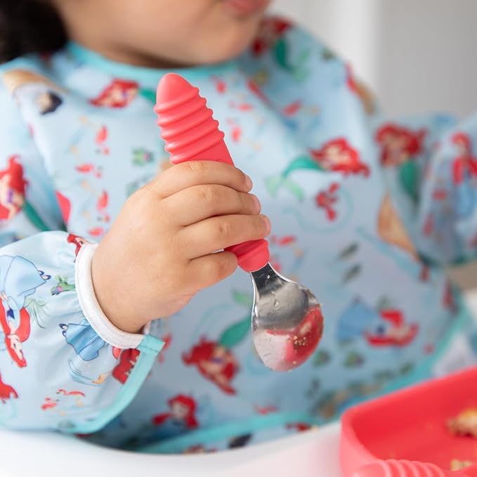 Bumkins Toddler Utensils, Kids Size Fork and Spoon Set, Silicone and Stainless-Steel Training Silverware, Angled Forks / Sporks for Self-Feeding, Children Hold Learning to Eat, 18 Months Up, Red