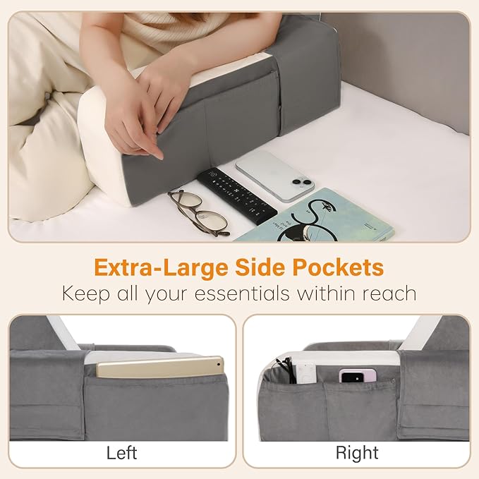 Vekkia 21" Reading Pillow for Sitting in Bed – 60° Ergonomic Wedge Back Pillow, XL Side Pockets, Support Chair for TV, Gaming, Working, Nursing, Recovery in Bed, Floor, Dorm, Great Gift Idea