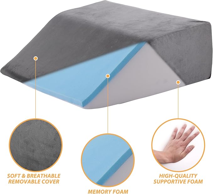 Bedluxe Leg Elevation Pillows, Leg Pillows for Sleeping, Cooling Gel Memory Foam Top, Wedge Pillow for Legs, Leg Wedges for Circulation, Swelling, After Surgery - Removable Cover (8 Inch, Dark Grey)