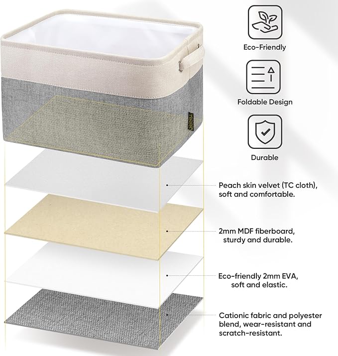 BALEINE 2 Pack Fabric Storage Bins for Shelves, Linen Storage Baskets for Organizing, Decorative Closet Bins for Clothes, Home (Grey, 12"x8"x8")
