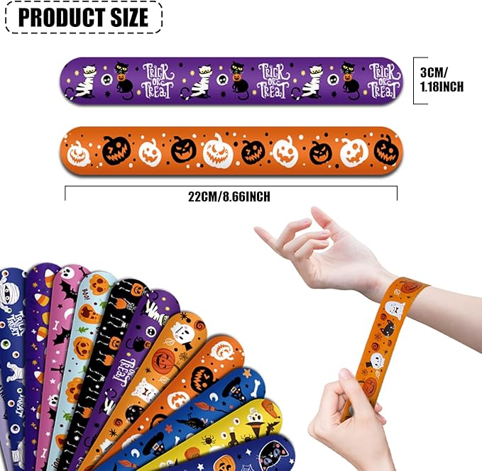 FOIMAS 48pcs Halloween Slap Bracelets,Halloween Snap Bracelet Pumpkin Witch Wristband for Kids Halloween Trick or Treat Bag Filler Party Favor Supply