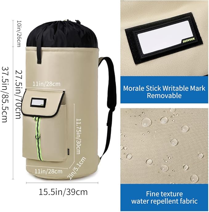 SUOVOCK laundry bag backpack,extra-large heavy duty laundry bags,laundry backpack for college students,drawstring closure (Khaki laundry bag)