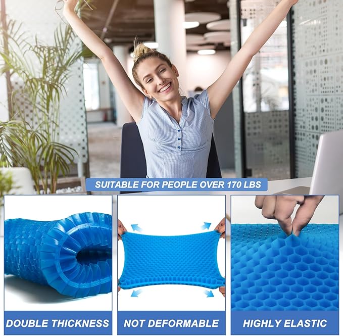 Gel Seat Cushion for Long Sitting - 18" x 16" x 2.4" (Extra Thick＆Soft) Gel Cushion for People Over 200 lbs, Pressure Relief Cushion for Office Chair, Egg Cushions for Wheelchair, Gel Pad for Car