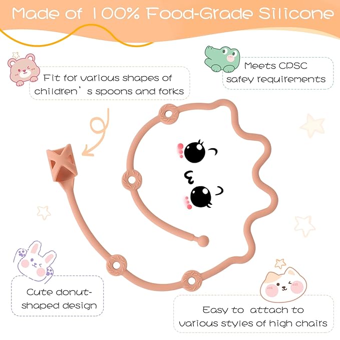 Baby Spoons Self Feeding 6 Month,SMAutoLife Toddler Utensils Holder Strap Food Grade Silicone Keep Fork and Spoon Off The Floor Great for Kids,Hook On High Chair(Orange)