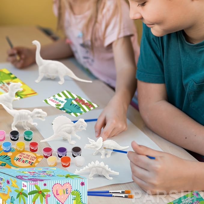 24PCS Valentines Day Cards for Kids with Dinosaur Painting Kit for Kids, Valentines Greeting Cards for School Classroom Exchange Gifts, Happy Valentines Day Arts and Crafts Party Favor Supplies