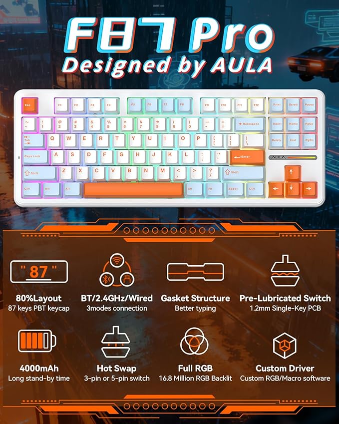 Aula F87 Pro Gaming Keyboard, Tri-Mode BT5.0/2.4GHz/USB-C Hot-Swappable RGB Wireless Mechanical Keyboard, Gasket Mount, 4000mAh, for Windows/Mac Gamer & Typists（LEOBOG Nimbus Switch V4）