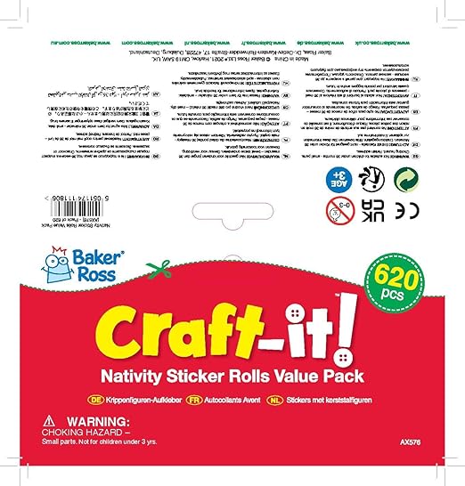 Baker Ross AX576 Nativity Sticker Rolls - Pack of 600, Kids Stickers, Ideal for Christmas Arts and Crafts Projects, Great for Card Making and Scrapbooking