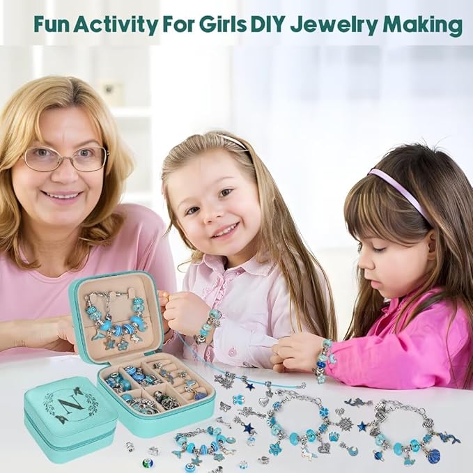 Charm Bracelet Making Kit, Kid Jewelry Making Kit for Girls 8-12, Unicorn Craft Kits for Teen Girls Toys Ages 3-10 Years Old Girl Gifts Trendy Stuff Birthday Christmas Gift with Initial Jewelry Box-N