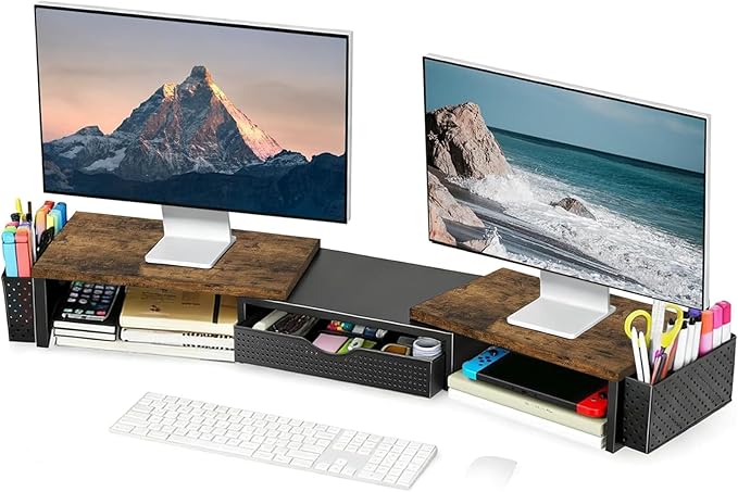 Spacrea Metal Desk Organizers and Accessories, Dual Monitor Stand Riser with Drawer and 2 Pen Holders, Desk Accessories & Workspace Desktop Organizers for Office Supplies (Wood)