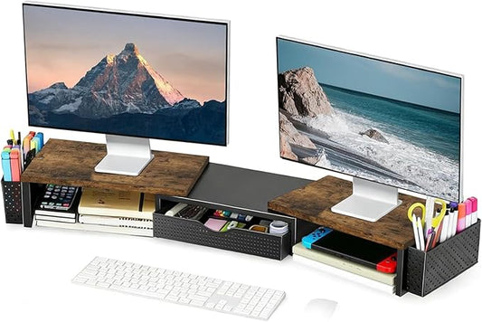 Spacrea Metal Desk Organizers and Accessories, Dual Monitor Stand Riser with Drawer and 2 Pen Holders, Desk Accessories & Workspace Desktop Organizers for Office Supplies (Wood)