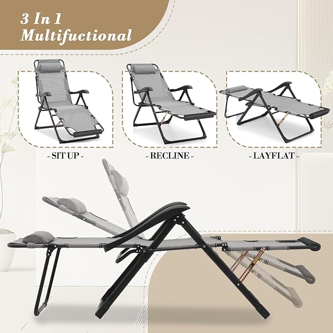 Athena Collection Zero Gravity Outdoor Lounge Chair Recliner Set of 2, 27" Width Reclining Pool Lounge Lawn Chairs with Headrest Foot Pad, Outdoor Chaise for Beach Patio Backyard Outside, Grey