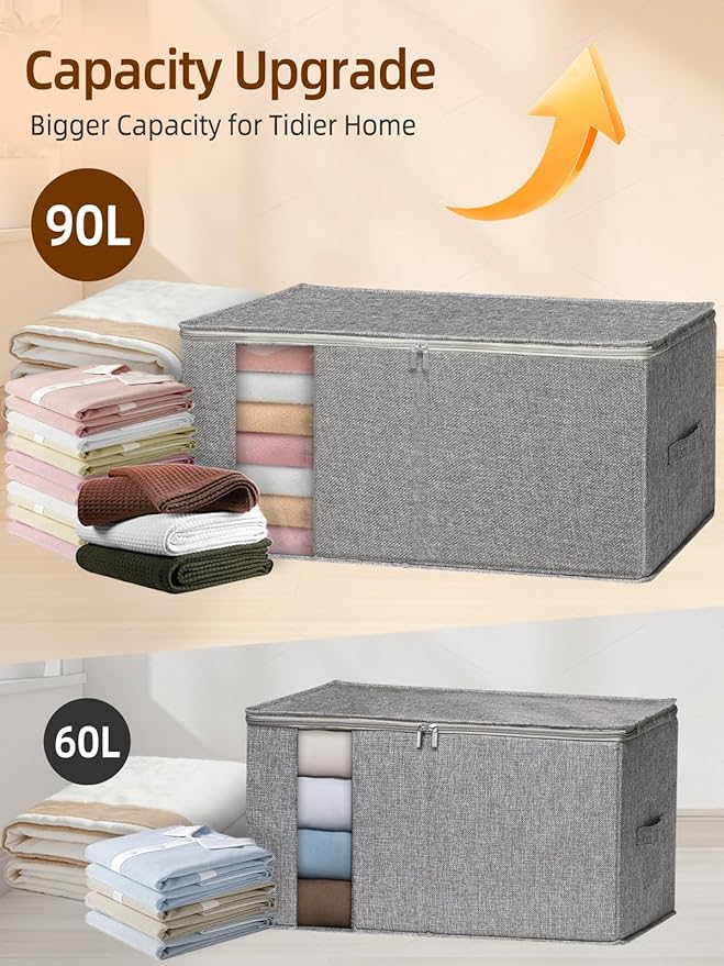 90L King Size Comforter Storage Bag w/Rigid Panels, Large Blanket Organizer for Closet, Stackable & Foldable Container w/Clear Window & Smooth Zippers for Bedding Sets/Clothes, 2 Pack, Gray