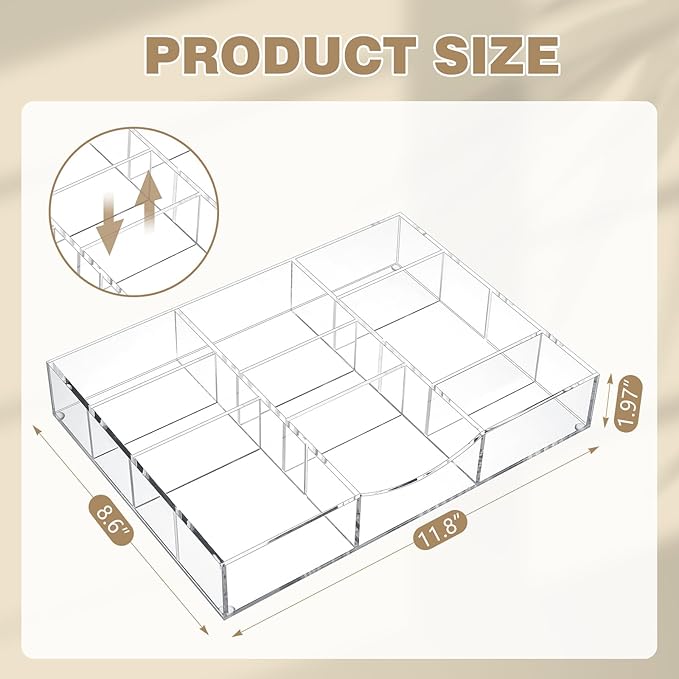 Briwooody Acrylic Drawer Organizer Clear Desk Drawer Organizer Trays with Adjustable Compartments Desk Accessories for Office Stationery Makeup Silverware Bathroom (Non Expandable)