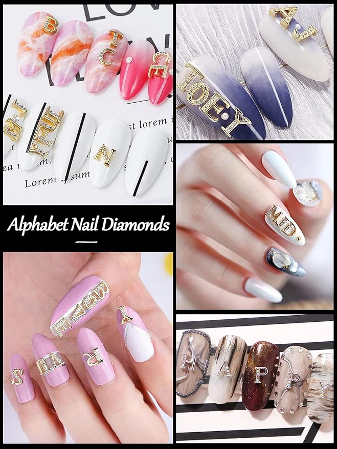 52Pcs Rhinetone Letters Nail Studs, Kalolary Gold Silver 3D Capital Rhinetone Nail Letter English Alphabet Stud Charm DIY Manicure Nails Jewelry Making Crafts Decoration for Women Girls