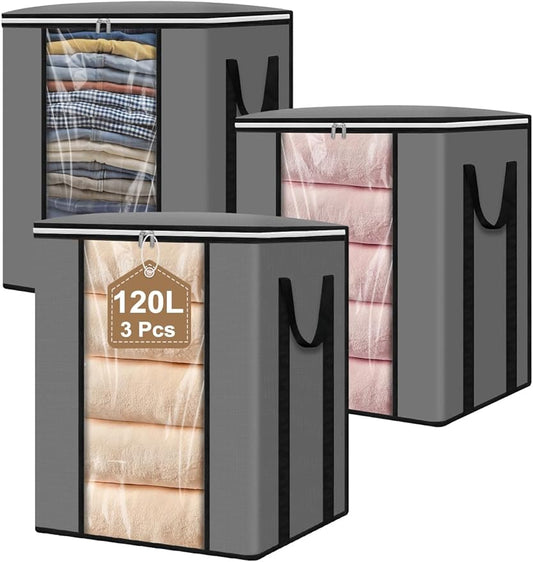 120L Extra Large Blanket & Clothes Storage Bags for Bedding & Comforters & Pillow–Foldable Thick Waterproof Fabric with Clear Window,Dual Zippers & Sturdy Handles,3 Pack Seasonal Organization