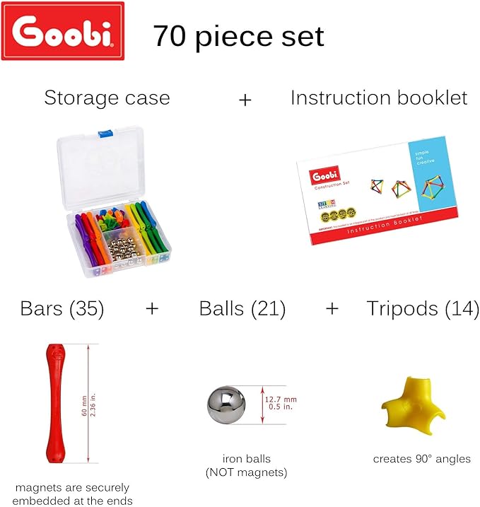 Goobi 70 Pcs Magnetic Building Sticks Blocks Toys Magnet Construction Set Tiles Toy Montessori STEM Educational Toys for Ages 3 4 5 6 7 8 Kids Boys Girls Adults with Storage Box and Instruction Guide