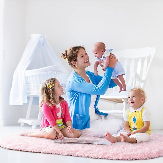 Noahas Fluffy Pink Rugs for Bedroom Girls,2.6' x 5.3' Oval Shaggy Fuzzy Living Room Carpet,Soft Area Rugs for Kids Room,Thick Plush Bedside Nursery Rug,Cute Room Decor for Teen Girls