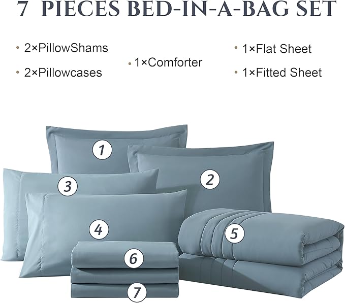 Monbix Queen Comforter Set - 7 Pieces Dusty Blue Bed in a Bag Queen Bedding Sets with Comforters, All Seasons Comforter Bed Set with Sheets, Pillowcases & Shams