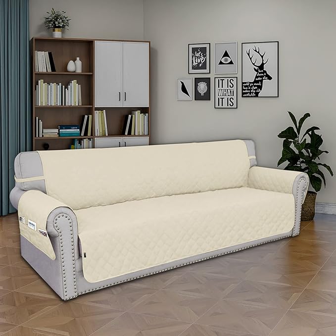 Easy-Going Sofa Slipcover Waterproof Sofa Cover Couch Cover for 4 Cushion Couch with Elastic Straps Washable Non-Slip Furniture Protector Cover for Pets, Dogs, Cat (XX-Large, Ivory)