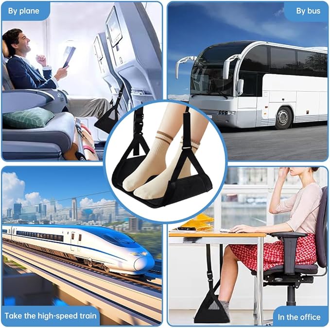 Airplane Foot Hammock, Portable Airplane Footrest, Adjustable Foot Hammock for Plane Travel to Relax Your Feet,Leg Rest for Long Flights,Travel Essentials,Office Footrest(Black)
