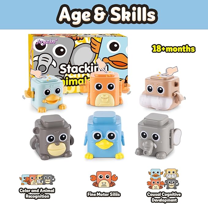 Stacking Toys for Toddlers, 6 Pcs Cause and Effect Toys Animal Push Game, Sensory Montessori Fine Motor Skills Fidget Toys for Ages 2 3 4 5 6 Year Old Boys Girls Kids Birthday Gifts