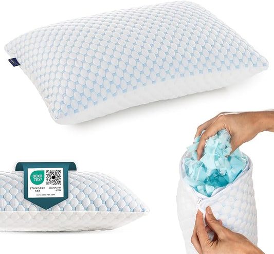 alkamto Cooling Shredded Memory Foam Pillow – Adjustable Gel for Personalized Support – Double-Sided Ice Silk & Soft Rayon – Lightweight, Compressible (White) (Queen)