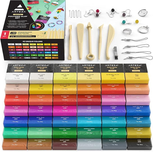 ARTEZA Polymer Clay Kit, Oven-Bake Modeling Clay for Adults & Teens, 42 Colors & 5 Sculpting Tools for Jewelry & Crafts
