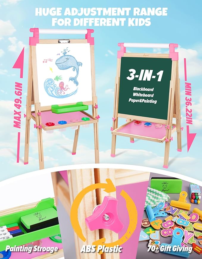 JOYOOSS Easel for Kids Art Easel Kids Easels for Toddlers,Wooden Kid Easel with Paper Roll - Chalkboard for Kids Adjustable Double Sided Kids Dry Erase Board, Outdoor Easel for Kids Art Easel Toddler