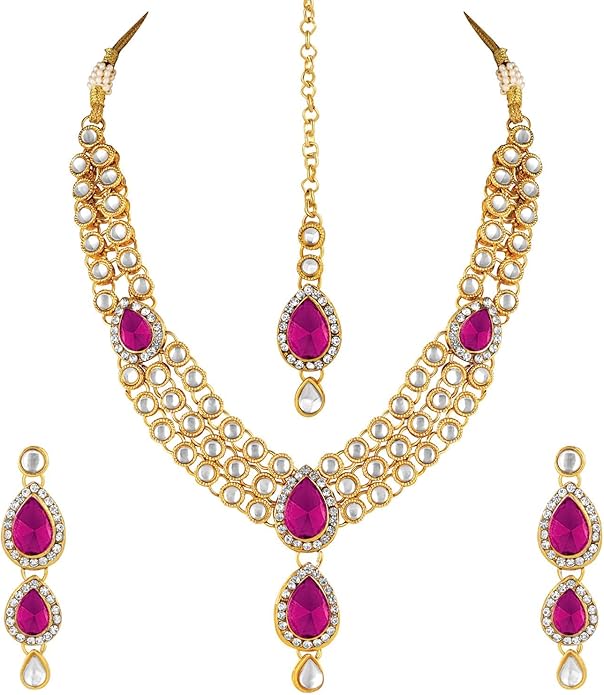 Aheli Indian Traditional Bollywood Kundan Maang Tikka Earrings Necklace Set Ethnic Jewelry Gift for Women Green Blue