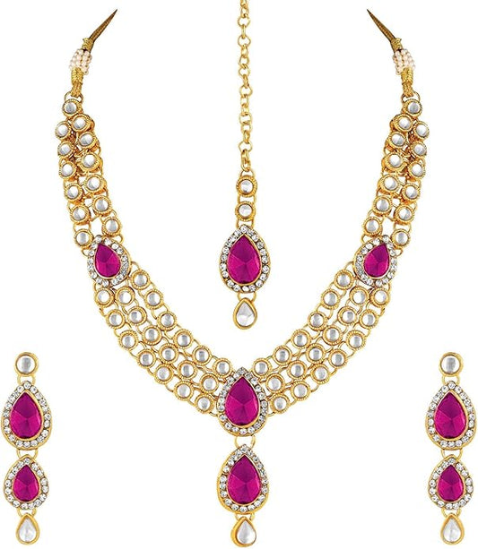 Aheli Indian Traditional Bollywood Kundan Maang Tikka Earrings Necklace Set Ethnic Jewelry Gift for Women Green Blue