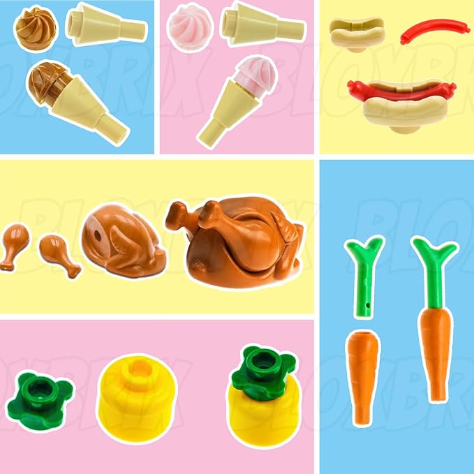 180pcs City-Friends Brick-Food-Pieces -Fruit-Apple-Banana-Pineapple-Cherry Desserts-Ice Cream-Cake-Sweet Cone Picnic--Pizza-Hotdogs-Turkey-Fish-Beer-Money Toys for Extra Bricks