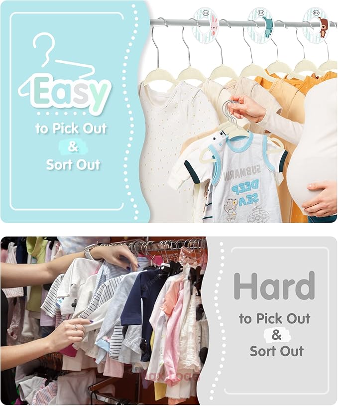 Baby Hangers, VIS'V 11 Inch Beige Velvet Kids Hangers with 6 Pcs Size Dividers Non Slip Nursery Children Closet Clothes Hangers for Infant Toddler Girls and Boys 30 Pcs