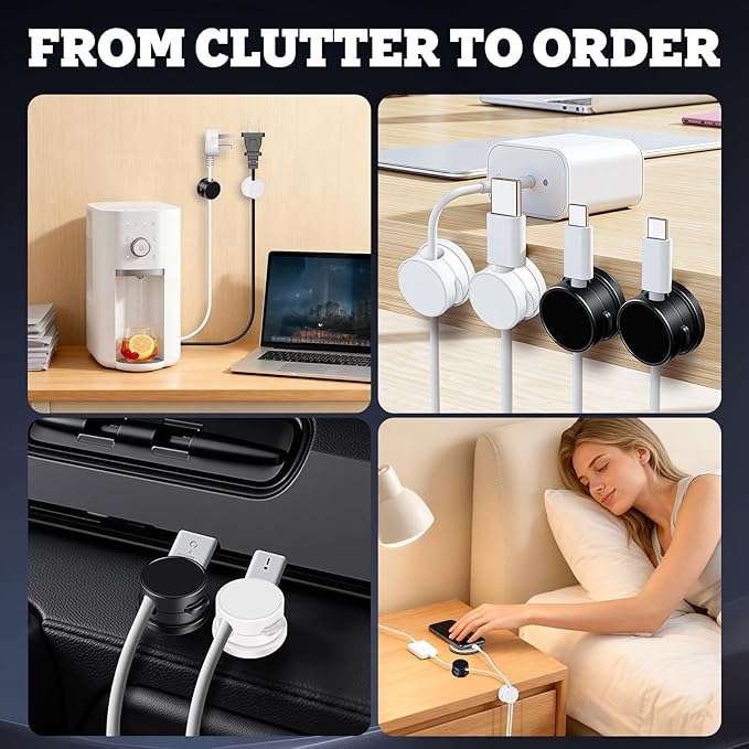 12 Pack Cord Organizer - Rotatable Magnetic Cable Clips Cord Holder, Adhesive Cable Organizer Phone Charger Wire Holders Cable Management Clips for Home Office Desk Nightstand (6 White + 6 Black)