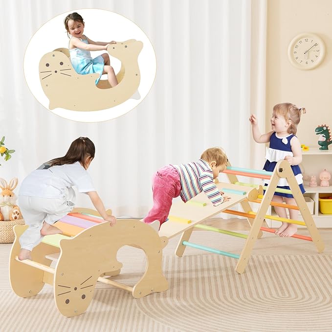 Costzon Climbing Toys for Toddlers, Foldable Montessori Wooden Arch Climber Ladder with Sliding Ramp, Play Table, Multi-Combination Methods, Kids Triangle Climber Play Gym Set for Boys Girls Present