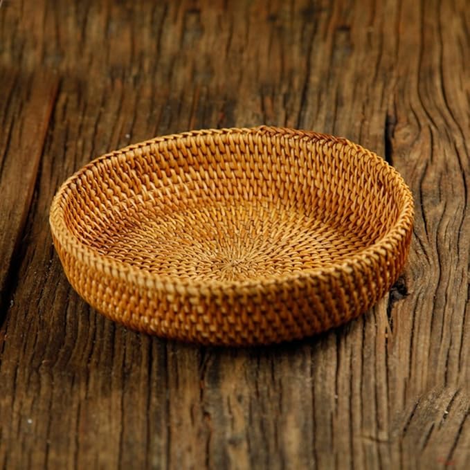 amololo Hadewoven Round Rattan Fruit Basket Wicker Food Tray Weaving Storage Holder Dinning Room Bowl, 7”Decorative Natural Basket Woven Fruit Basket Bowl for Entryway Table, Countertop (Small 7”)