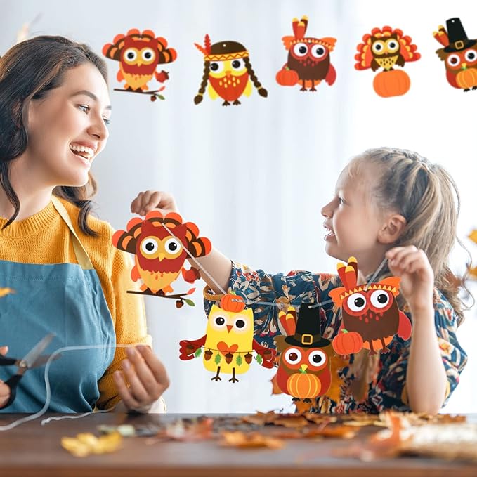 Autumn Thanksgiving Owl Craft Kit for Kids DIY Fall Turkey Day Paper Craft Kits Assorted Owl Shapes Gift with Pumpkins Favors Thanksgiving Day Project Home Classroom Game Activities(24 Sets)