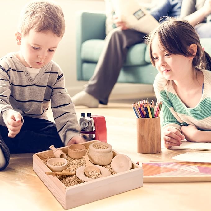Sparkle Race Sensory Bin Tools with Wooden Box Tray Montessori Toys for Toddlers, Waldorf Toys, Wooden Scoop Dish and Tongs for Kids, Montessori Kitchen for Sensory Table Fine Motor Learning Skills